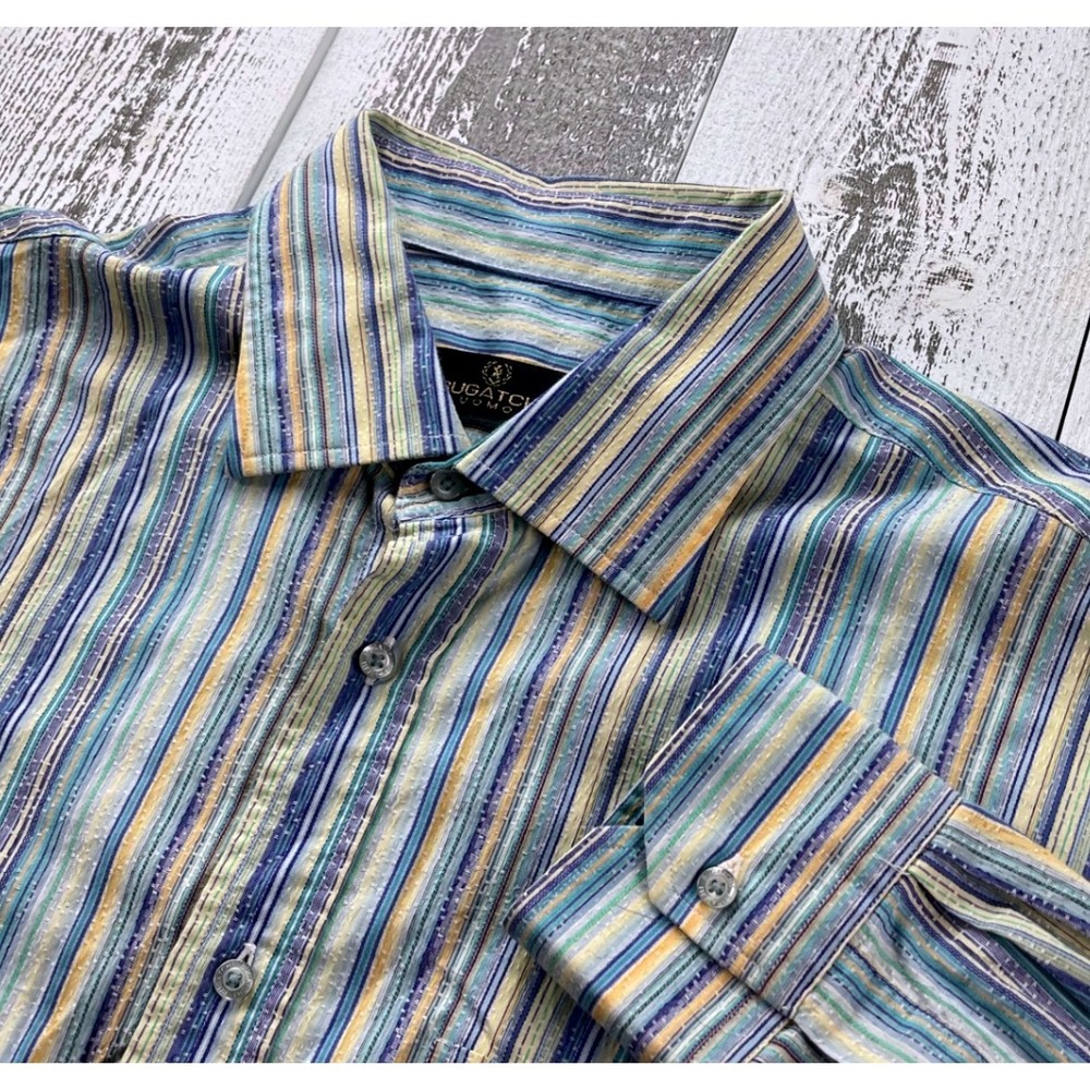 Bugatchi Striped Button Shirt L Multicolor Blue Yellow Cotton Long Sleeve